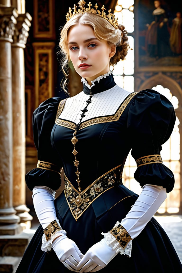 Elegantism, opulent scene, full portrait of a Victorian lady, heroic, black clothes, gold trim, castle, head and shoulders portrait, 8k resolution. (masterpiece, top quality, best quality, official art, beautiful and aesthetic:1.2), (1girl:1.4), upper body, blonde hair, portrait, extreme detailed, ,Leonardo Style,DonMF41ryW1ng5XL