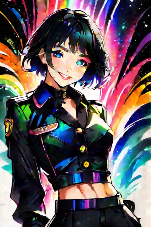 4k,best quality,masterpiece,20yo 1girl,(black suit and pants, alluring smile, head ornaments (Beautiful and detailed eyes), Detailed face, detailed eyes, double eyelids ,thin face, real hands, muscular fit body, semi visible abs, ((short hair with long locks:1.2)), black hair, aurora background, painted brush ink background real person, color splash style photo,