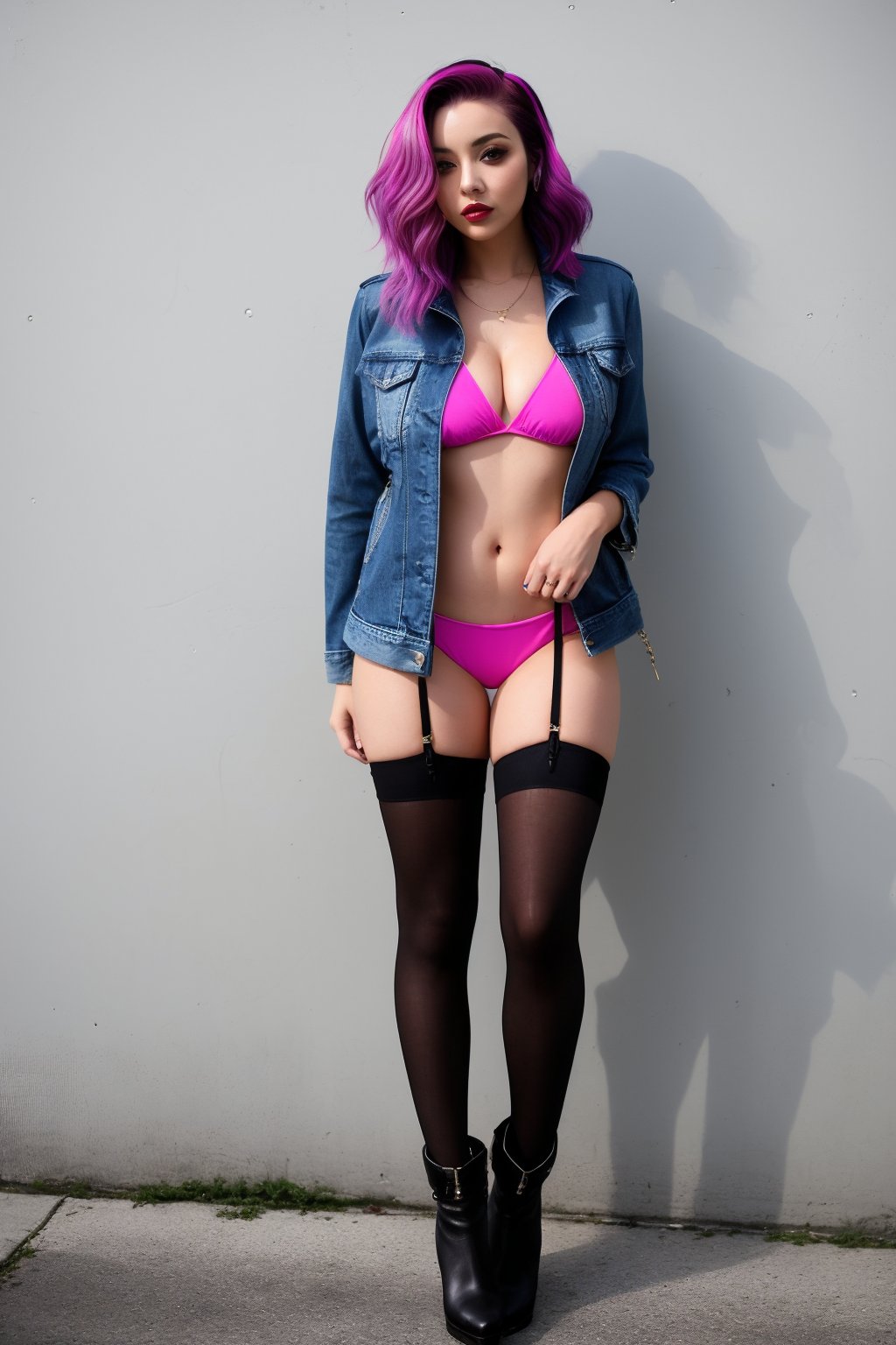 girl, around 25, flaunting her bold style. Her vibrant pink-purple hair cascades down from her shoulders as she stands with her hands behind her back. She wears an open denim jacket, revealing a bright blue bikini underneath. A miniskirt that hugged her curves, black stockings and dark brown boots added an edgy edge to her look, giving her a perfect figure