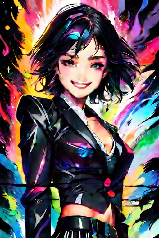 4k,best quality,masterpiece,20yo 1girl,(black suit and pants, alluring smile, head ornaments (Beautiful and detailed eyes), Detailed face, detailed eyes, double eyelids ,thin face, real hands, muscular fit body, semi visible abs, ((short hair with long locks:1.2)), black hair, aurora background, painted brush ink background real person, color splash style photo,