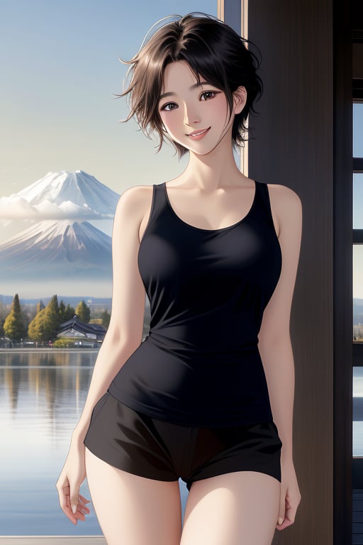 A serene Japanese beauty stands confidently with a radiant smile, her charming eyes sparkling under a subtle gaze. Her slightly short, messy hair frames her flawless features. A sleeveless tank top accentuates her toned physique, paired with tight shorts that showcase her slender legs and perfect proportions. In the distance, the majestic Mount Fuji rises majestically against the sky, its snow-capped peak a stunning backdrop to this beautiful scene.