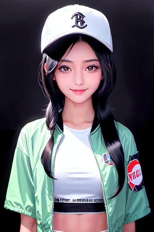 4k,best quality,masterpiece,20yo 1girl,(cropped jacket),(demin pant), alluring smile,baseball cap,

(Beautiful and detailed eyes),
Detailed face, detailed eyes, double eyelids ,thin face, real hands, muscular fit body, semi visible abs, ((short hair with long locks:1.2)), black hair, black background,


real person, color splash style photo,
