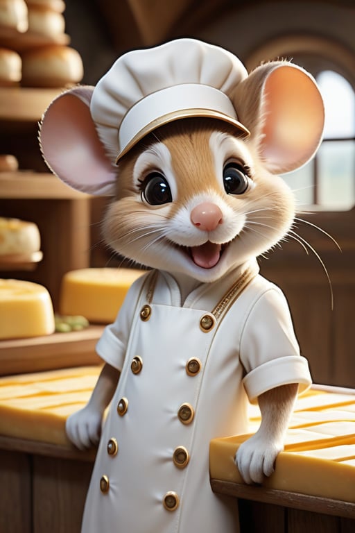 Stunningly detailed, hyper-realistic anthropomorphic mouse cheese maker rendered in a high quality 16K UHD masterpiece. The mouse, with a chibi style design, wears an adorable smile and has a cute, graceful face. The cartoon-like illustration features an emotionally charged scene in the background, where a themed environment shows the challenges and triumphs of a cheesemaking journey. The picture was shot in RAW format, which further enhances the dynamic plot and ultra-realistic details.

