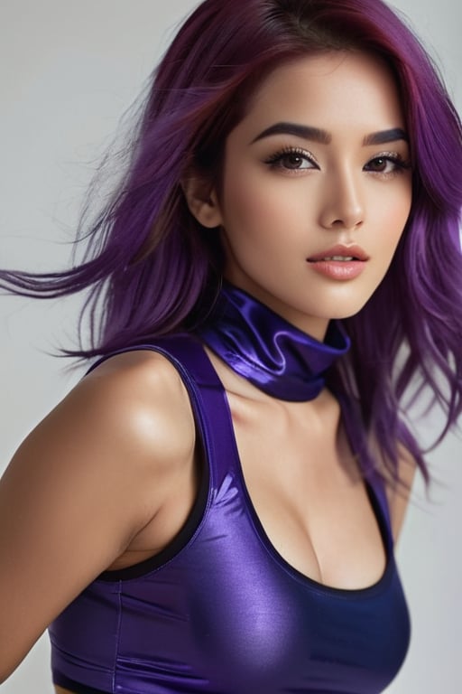 ,her vibrant purple hair styled in a dynamic swoop framing her radiant face. She wears a fitted, high-neckline vest that showcases her toned physique, paired with a daringly short miniskirt that accentuates her flawless body proportions. Her breasts are perfectly proportioned and noticeable without being explicit. The camera captures the subtle details of her facial features, highlighting her striking beauty as she strikes a confident pose, exuding an air of mastery in this stunning visual masterpiece.,Expressiveh