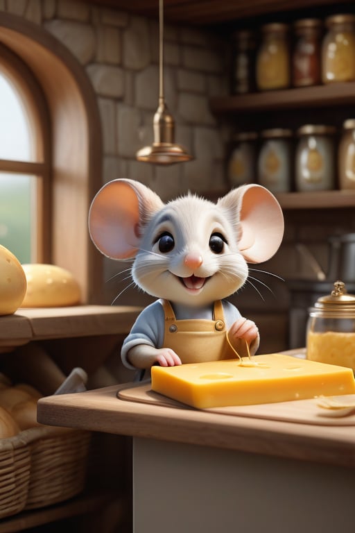 Stunningly detailed, hyper-realistic anthropomorphic mouse cheese maker rendered in a high quality 16K UHD masterpiece. The mouse, with a chibi style design, wears an adorable smile and has a cute, graceful face. The cartoon-like illustration features an emotionally charged scene in the background, where a themed environment shows the challenges and triumphs of a cheesemaking journey. The picture was shot in RAW format, which further enhances the dynamic plot and ultra-realistic details.

