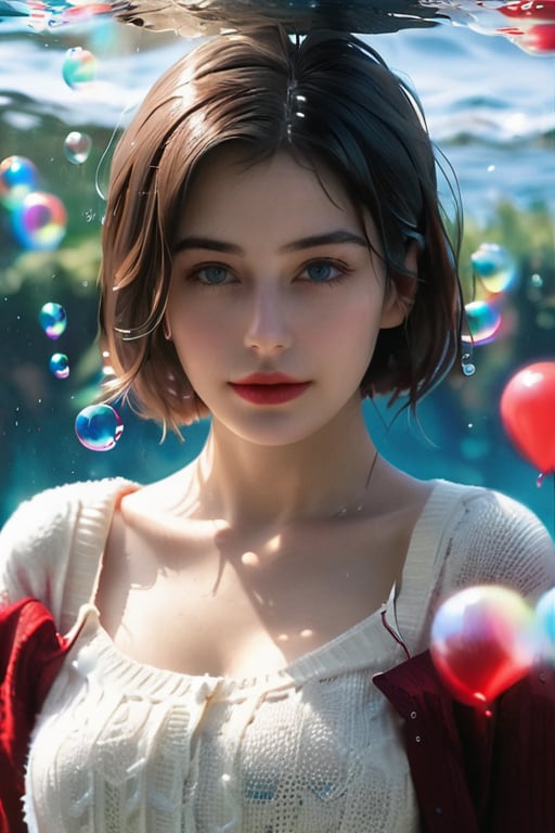 1girl, solo, looking at viewer, short hair, blue eyes, brown hair, black hair, collarbones, parted lips, water, lips, white sweater, sunlight, bubbles, underwater, ((small bubbles)), red balloons,niji5