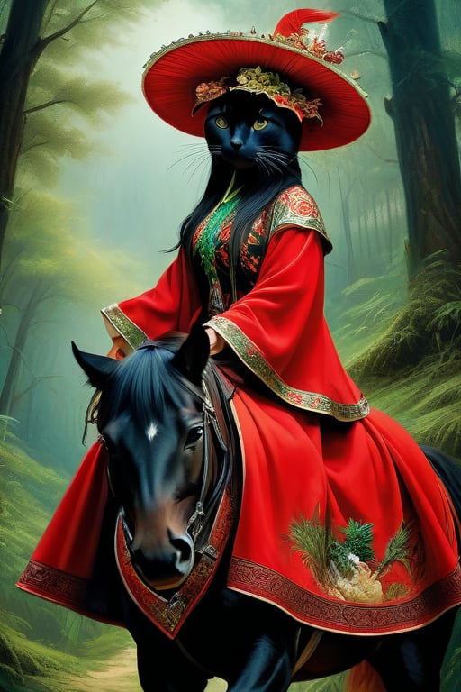 Cute kitten riding a big black vaulting horse, closed: straw hat, red and green embroidered Chinese cloak, cinematic pose, fairy atmosphere, highly detailed, dramatic lighting. Forest background, digital painting, masterpiece, maximalism, near perfection, design by Greg Rutkowski + Esao Andrews, oil painting
