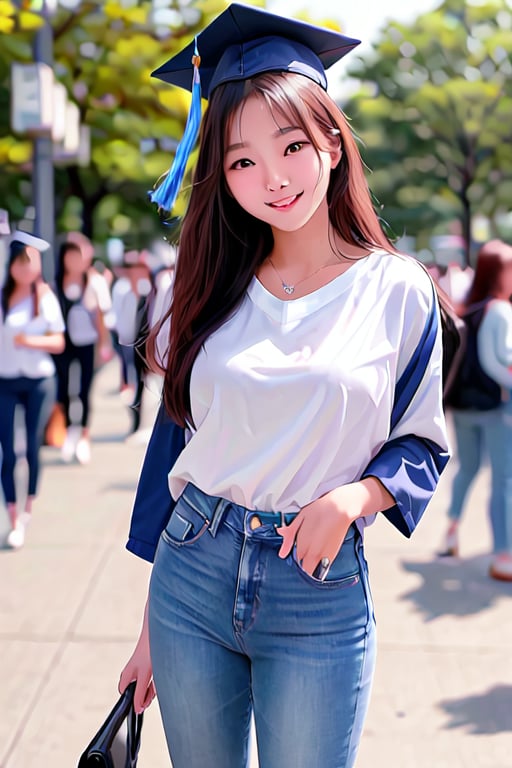 photorealistic, raw photo:1.2, hyperrealism, ultra high res, Best quality, masterpiece, 8k, realistic light, delicate facial features, 

(A 18-year-old Korean girl),

A college student on graduation day, wearing a graduation cap and smiling broadly. looking quite mature. She appears intelligent and intellectual,
full-body shot on a university campus street on graduation day with numerous students in the background, 

She is dressed in tight jeans and a tight white blouse, looking quite mature. 
