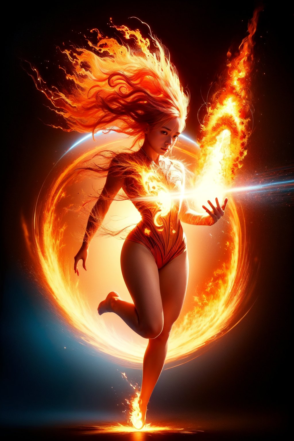 ((Masterpiece, best quality)),(Negative space:1.4),(1 girl, alone:1.4),Beautiful and delicate eyes, flowing pink hair, red hat, fireball, cast fire spell, Orange and red fractal background, looking sideways, blue-green eyes, full body, jumping