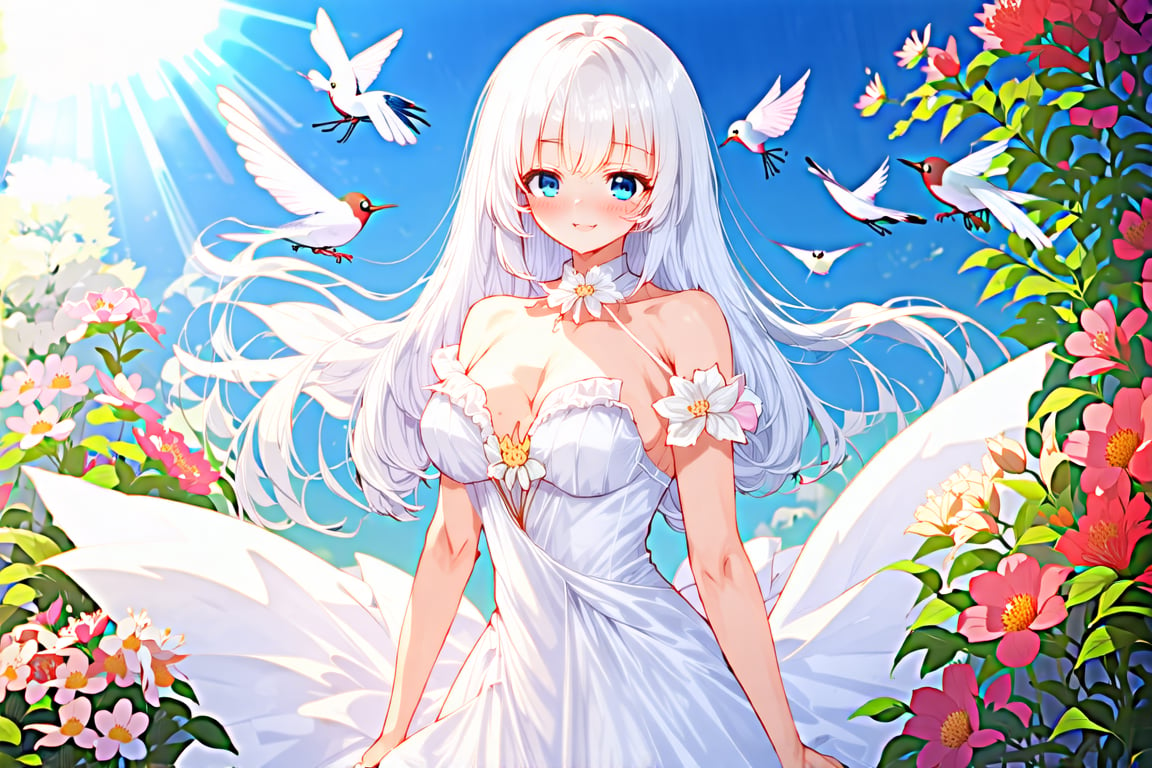 
A serene tableau of an enchanting anime girl with luxurious white hair and striking blue eyes, set against a backdrop of vivid flowers. She wears a billowing white gown, with a peaceful smile as sunlight highlights her features, and birds sing in harmony with chirping insects, in anime art style.