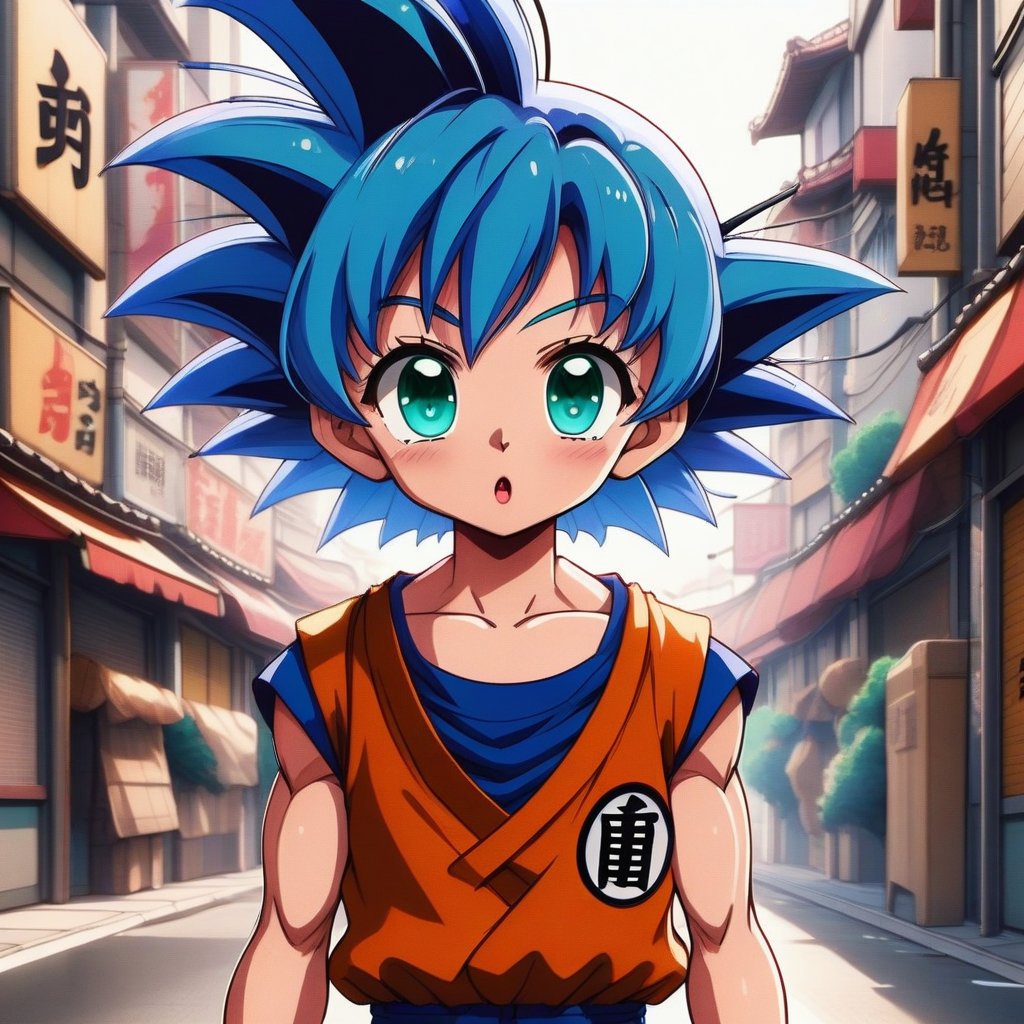 Digital anime illustration, {Marron from Dragon Ball GT, cute young girl with blue hair and big eyes}, anime art style inspired by Akira Toriyama's Dragon Ball series, {surprised/curious expression while exploring a city street}, bright urban environment in background, close-up shot with shallow depth of field, highly detailed render with vibrant colors and classic cel-shaded look.