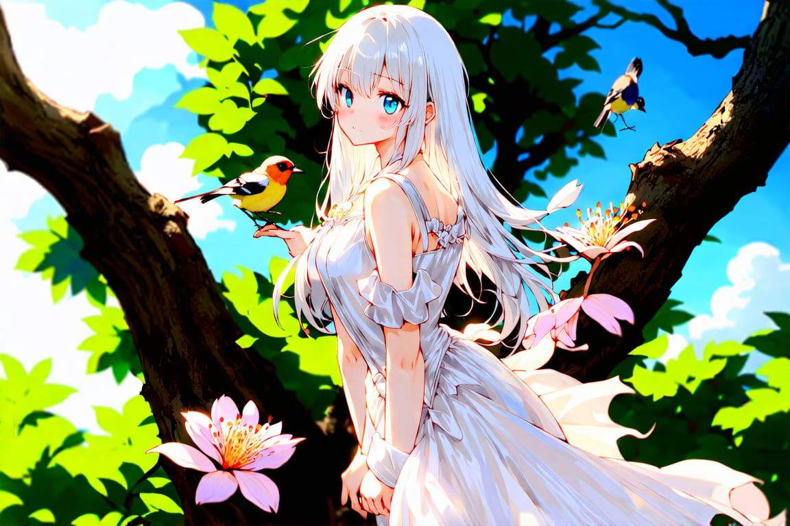 A serene tableau of an enchanting anime girl with luxurious white hair flowing down her back like silk, and striking blue eyes shining like sapphires against the vibrant backdrop of blooming flowers in full bloom. She wears a billowing white gown with delicate folds, as sunlight casts a warm glow on her peaceful features, highlighting the gentle curve of her smile. Birds perch on nearby branches, their sweet chirping harmonizing with the soft hum of insects amidst the lush greenery, all captured in stunning anime art style.