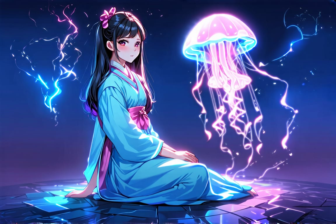 1 Hanfu girl, glowing jellyfish neon lights, sitting, (cute illustration: 1.2), absurd resolution, super details, best quality $ultra-high definition image quality

