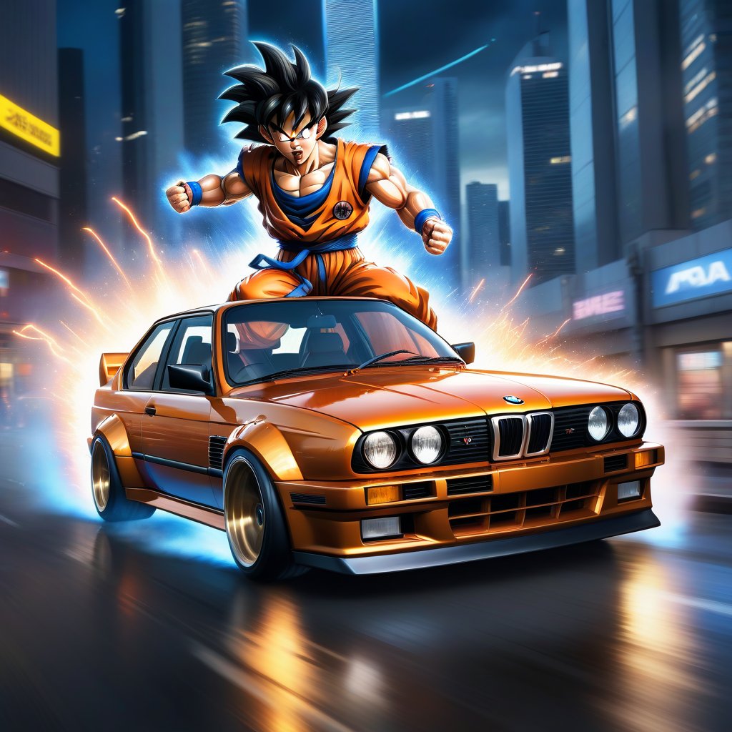 Photorealistic Art Style, a dynamic action scene of Goku in his Super Saiyan form, blasting energy beams from his hands while driving the BMW E30 at high speed. The car is heavily modified, with a custom body kit and aggressive aerodynamic elements. The background is a blurred urban cityscape, with skyscrapers and neon lights adding to the futuristic feel.