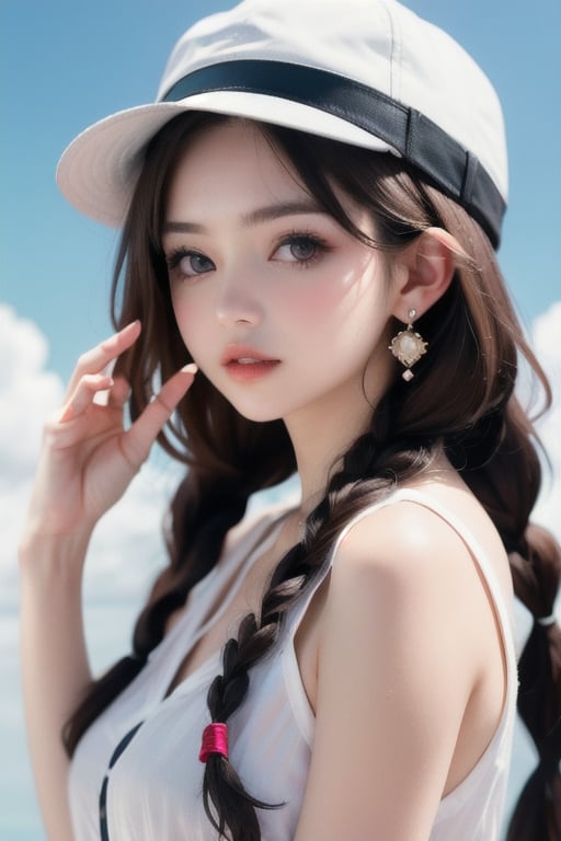 
1girl, solo, long hair, looking at viewer, brown hair, black hair, hat, brown eyes, jewelry, upper body, braid, earrings, parted lips, sky, day, cloud, twin braids, blue sky, lips