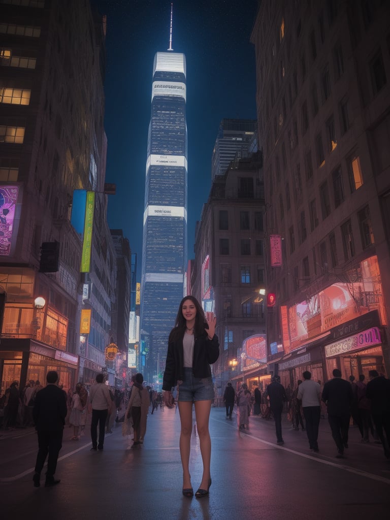 A beautiful girl, A futuristic cityscape at night with towering skyscrapers adorned with neon lights, bustling streets with flying cars and holographic advertisements, dark sky illuminated by a full moon and stars, a lively and vibrant atmosphere full of energy and excitement, Photography, captured with a high-resolution camera with a wide-angle lens, --ar 16:9 --v 5