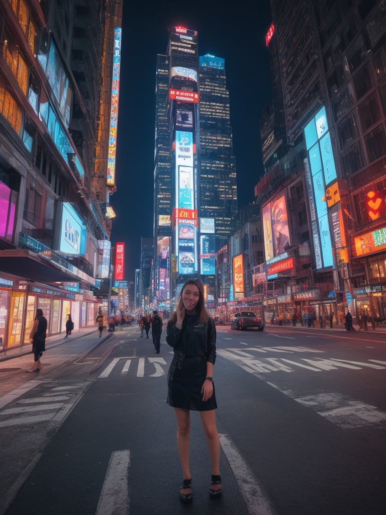 A beautiful girl, A futuristic cityscape at night with towering skyscrapers adorned with neon lights, bustling streets with flying cars and holographic advertisements, dark sky illuminated by a full moon and stars, a lively and vibrant atmosphere full of energy and excitement, Photography, captured with a high-resolution camera with a wide-angle lens, --ar 16:9 --v 5