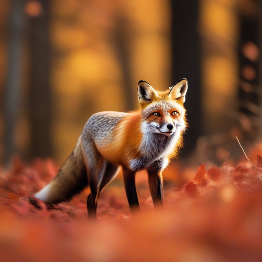 A cunning red fox stealthily moving through a dense forest, its vibrant orange fur blending with the autumn leaves scattered on the ground. The fox's bushy tail trails behind it, and its sharp, alert eyes scan the surroundings for any signs of movement. Sunlight filters through the trees, creating dappled patterns on the forest floor. Capture the essence of the wild as the fox pauses, showcasing its playful yet cautious demeanor in its natural habitat