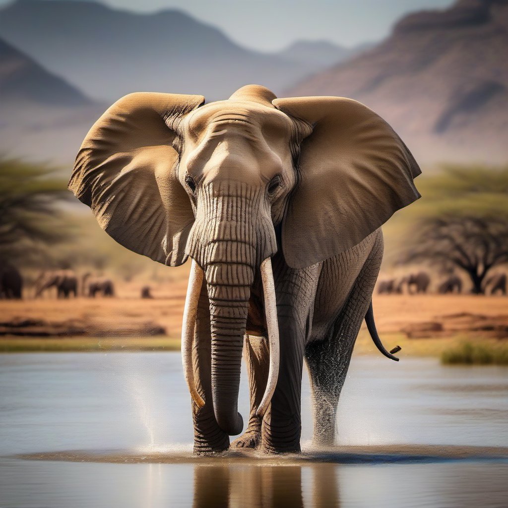 A majestic elephant standing proudly near a watering hole, its massive body glistening under the sun. The elephant's wrinkled skin showcases its age and wisdom, while its large ears flap gently in the warm breeze. In the background, a picturesque savannah stretches out, dotted with acacia trees and distant mountains. Capture the gentle nature of this giant as it takes a sip of water, its trunk gracefully curved, reflecting the beauty of the natural world