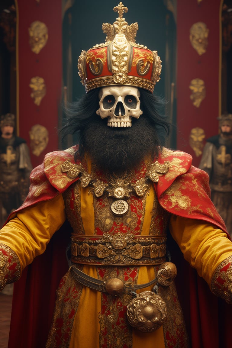 "A character with a skull head wearing the magnificent attire of Sultan Mehmed II, featuring bright robes and a distinctive hat adorned with jewels. The skull's expression conveys wisdom, surrounded by a background depicting a palace atmosphere."