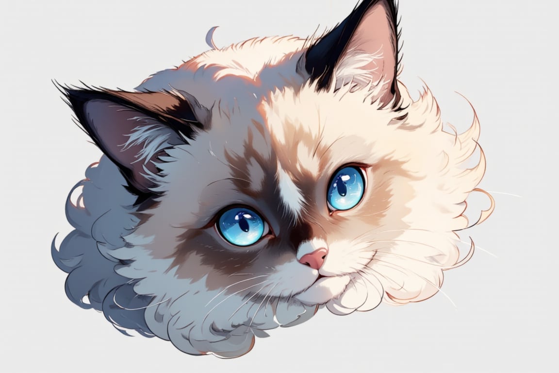 An artistic design featuring the head of a Ragdoll cat with soft, fluffy fur, embodying elegance and curiosity. The striking blue eyes and distinctive color points highlight the cat's charming features, with a playful and relaxed expression. The simple background accentuates the beauty and unique nature of this Ragdoll cat image