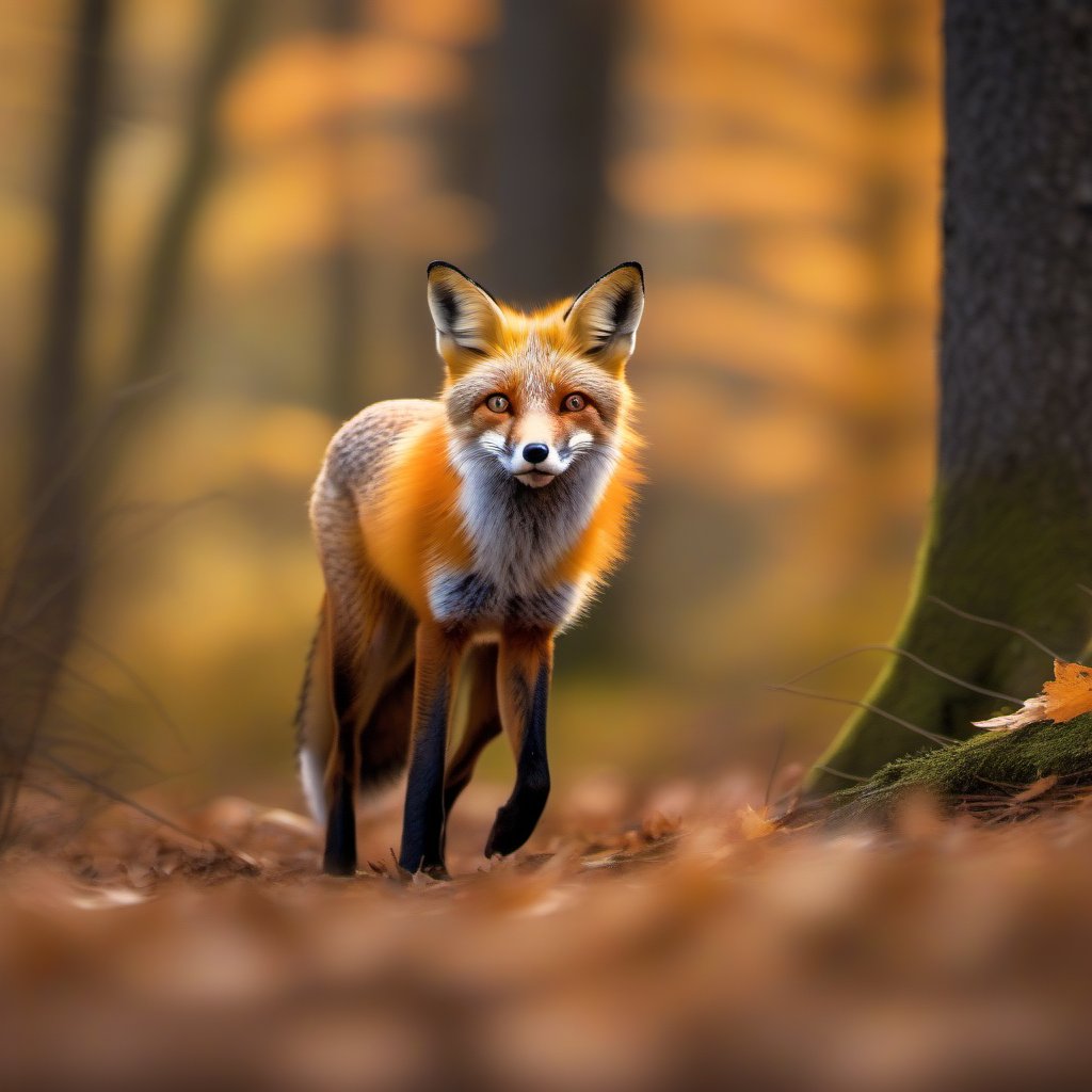 A cunning red fox stealthily moving through a dense forest, its vibrant orange fur blending with the autumn leaves scattered on the ground. The fox's bushy tail trails behind it, and its sharp, alert eyes scan the surroundings for any signs of movement. Sunlight filters through the trees, creating dappled patterns on the forest floor. Capture the essence of the wild as the fox pauses, showcasing its playful yet cautious demeanor in its natural habitat