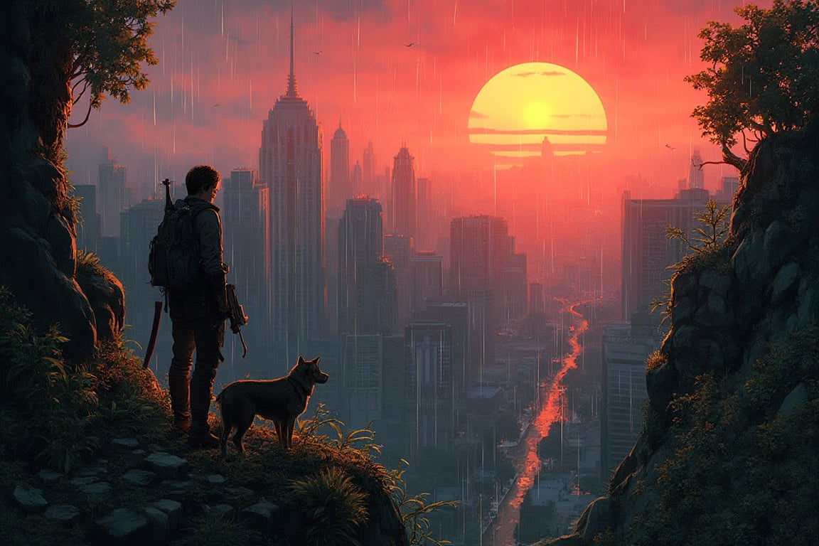 Urban landscape in an apocalyptic setting, overgrown with creeping plants reminiscent of The Last of Us game. A figure stands confidently, holding a weapon, accompanied by a dog. The scene is viewed from a cliff, capturing the stunning backdrop of a retro-style sun setting, with an 80s retro vibe and aesthetic. Ink brushstrokes in the background add depth, while rain gently falls, enhancing the atmosphere.