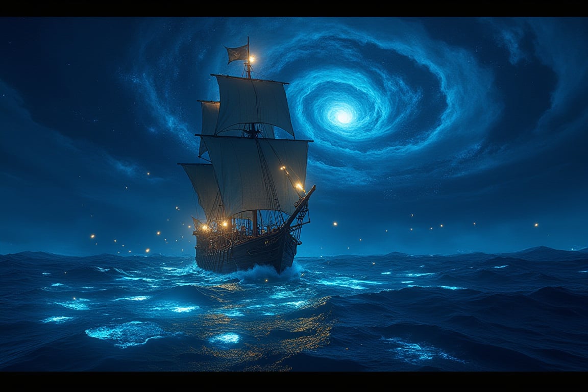 Captain's blackbeard return: A majestic pirate ship, adorned with billowing sails and lanterns aglow, majestically glides into a bioluminescent sea illuminated by a swirling galaxy above. Fireflies dance across the waves, as if welcoming the vessel home. Framed by the starry night sky, this XL 4K ultra-high definition action shot captures the drama of the moment.,noc-futuristic