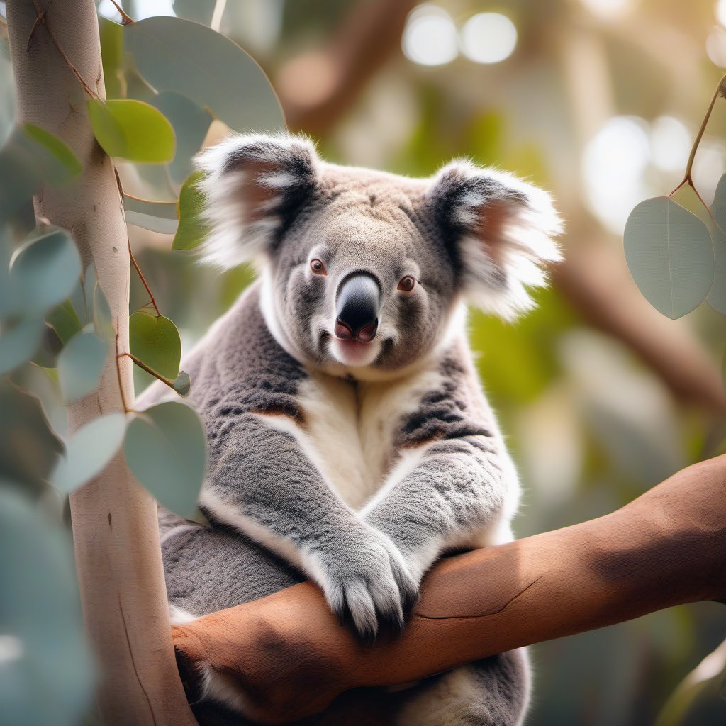 A cuddly koala resting comfortably in the crook of a eucalyptus tree, its fluffy gray fur contrasting with the bright green leaves surrounding it. The koala's large, round ears and gentle expression evoke a sense of calmness. Sunlight filters through the branches, creating a warm glow around the sleepy creature. Capture the peacefulness of this iconic Australian animal as it dozes, embodying the tranquility of its natural habitat.