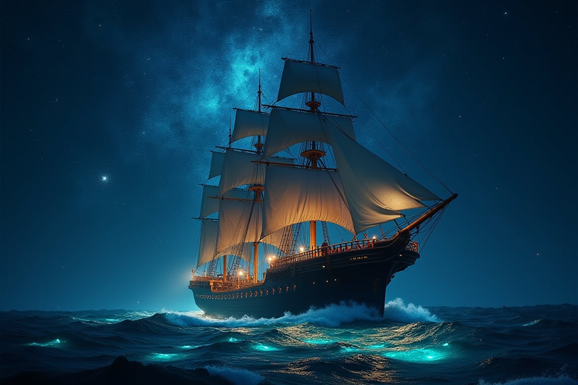 Captain's edward matilda return: A modern aircraft carrier ship, adorned with billowing sails and lanterns aglow, majestically glides into a bioluminescent sea illuminated by a swirling galaxy above. Fireflies dance across the waves, as if welcoming the vessel home. Framed by the starry night sky, this XL 4K ultra-high definition action shot captures the drama of the moment.