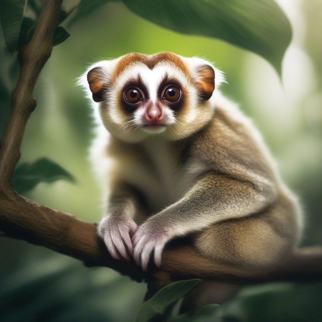 A slow loris perched on a branch, with its large, expressive eyes gazing curiously at the viewer. The creature's soft, fur-covered body blends harmoniously with the lush green foliage around it. Sunlight filters through the leaves, casting a gentle glow on its face, highlighting the intricate patterns of its fur. Capture the unique charm of this nocturnal primate as it delicately reaches out with its tiny hands, showcasing its gentle nature