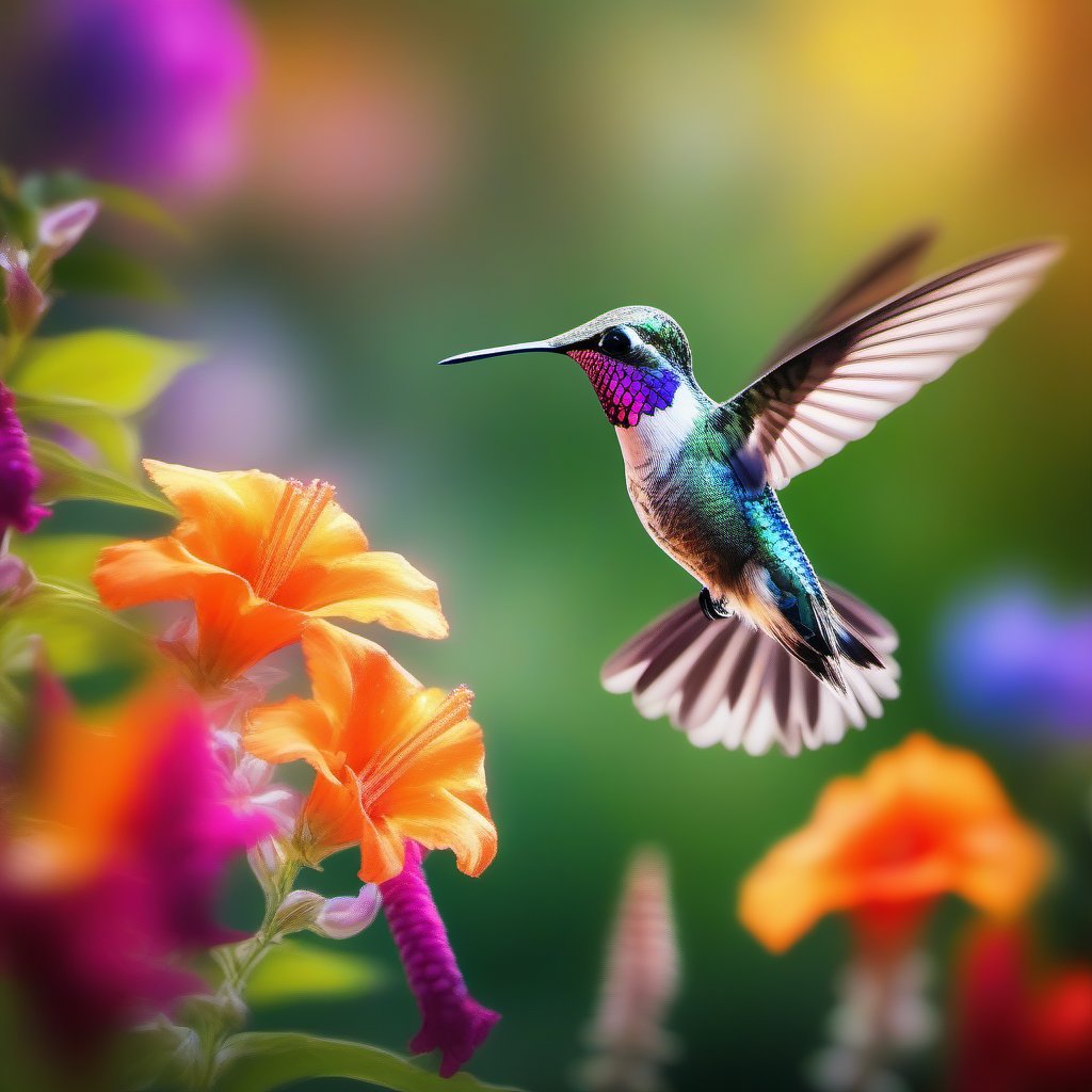 A vibrant hummingbird hovering delicately in front of a colorful flower, its iridescent feathers shimmering in the sunlight. The bird's rapid wingbeats create a soft blur, while its long beak reaches into the flower for nectar. The background features a lush garden filled with blooming flowers of various colors, creating a lively atmosphere. Capture the beauty and grace of this tiny bird as it flits from flower to flower, showcasing nature's intricate details