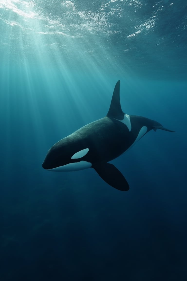 "In the vast expanse of the ocean, a sleek orca swims gracefully beneath the surface, surrounded by shimmering waves. The sunlight dances on the water, casting reflections on its black and white body as it navigates the deep blue sea."