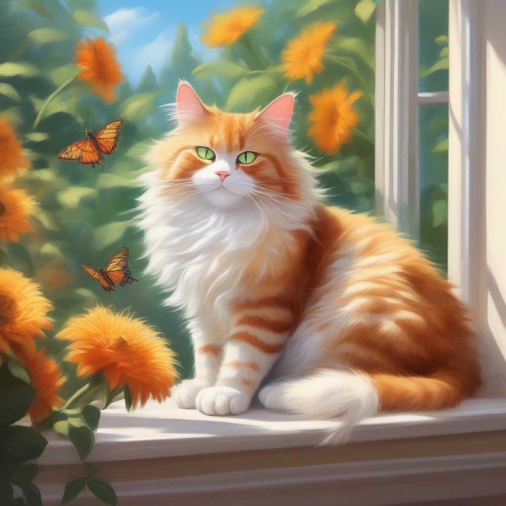 A fluffy domestic cat lounging comfortably on a windowsill, basking in the warm sunlight. Its fur is a mix of white and orange, with striking green eyes that seem to reflect the world outside. The background features a vibrant garden filled with colorful flowers and buzzing bees, creating a serene atmosphere. The cat stretches lazily, its paws extending, while a playful butterfly flutters just out of reach, adding a touch of whimsy to the scene