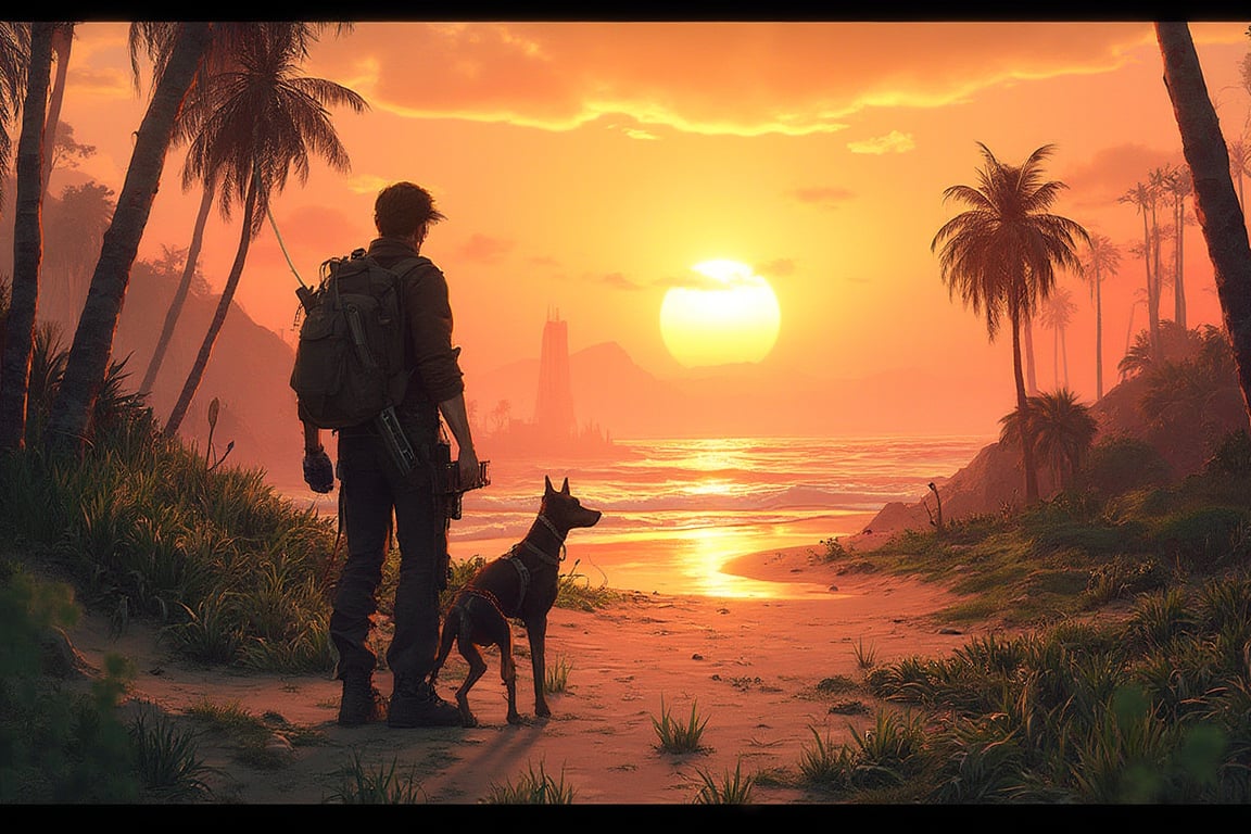 Urban landscape of a post-apocalyptic Los Angeles beach, overgrown with creeping plants reminiscent of The Last of Us game. A figure stands confidently, holding a smg, accompanied by a pet doberman. with a sunset sky and bright weather. The retro-style sun casts a stunning glow over the aesthetic environment, enhanced by ink brushstrokes in the background,Fantasy detailers 