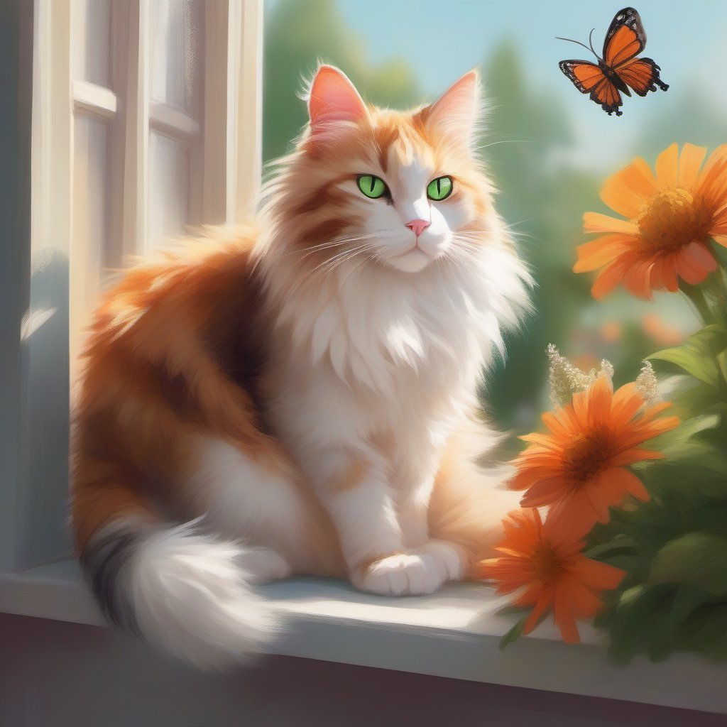 A fluffy domestic cat lounging comfortably on a windowsill, basking in the warm sunlight. Its fur is a mix of white and orange, with striking green eyes that seem to reflect the world outside. The background features a vibrant garden filled with colorful flowers and buzzing bees, creating a serene atmosphere. The cat stretches lazily, its paws extending, while a playful butterfly flutters just out of reach, adding a touch of whimsy to the scene