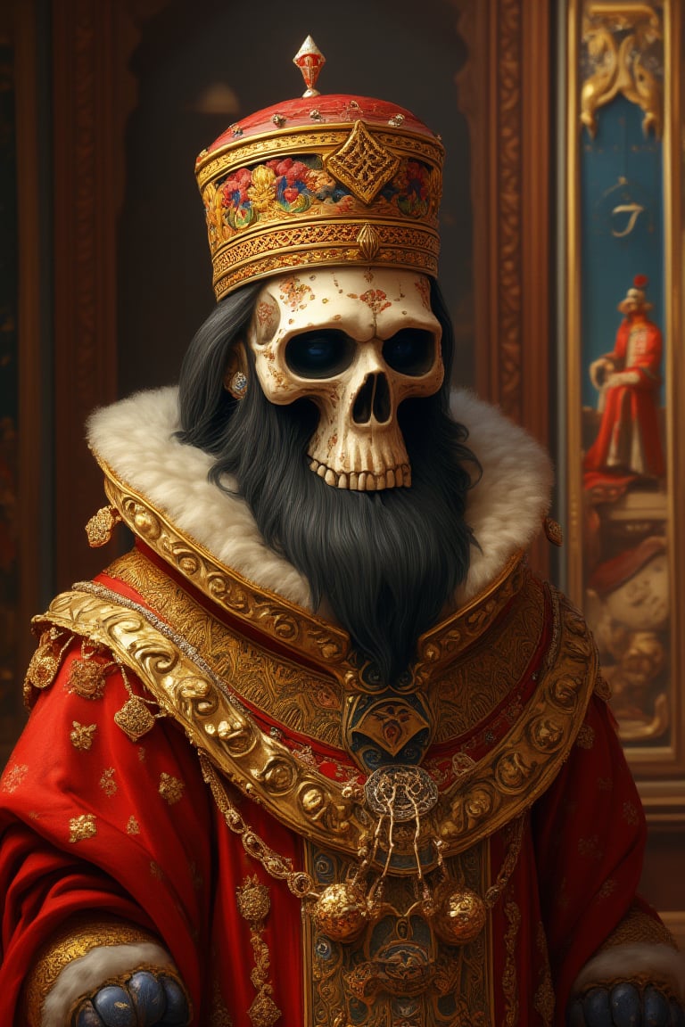 "A character with a skull head wearing the magnificent attire of Sultan Mehmed II, featuring bright robes and a distinctive hat adorned with jewels. The skull's expression conveys wisdom, surrounded by a background depicting a palace atmosphere."