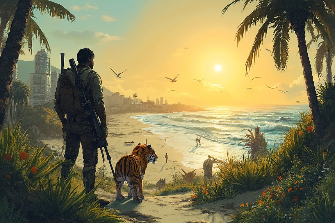 Urban landscape of a post-apocalyptic Los Angeles beach, overgrown with creeping plants reminiscent of The Last of Us game. A figure stands confidently, holding a sniper rifle, accompanied by a pet tiger. Several zombies are present in the scene, with a clear sky and bright weather. The retro-style sun casts a stunning glow over the aesthetic environment, enhanced by ink brushstrokes in the background