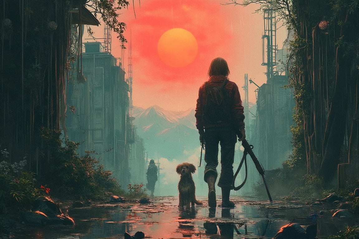 "Japanese style, 80s retro vibe, aesthetic, urban apocalypse with overgrown vines like in The Last of Us, a person standing holding a weapon, accompanied by a dog, ink brushstrokes in background, looking at viewer, rain, stunning image, bubble helmet, ink smoke, geometric mountain background, retro-style sun."