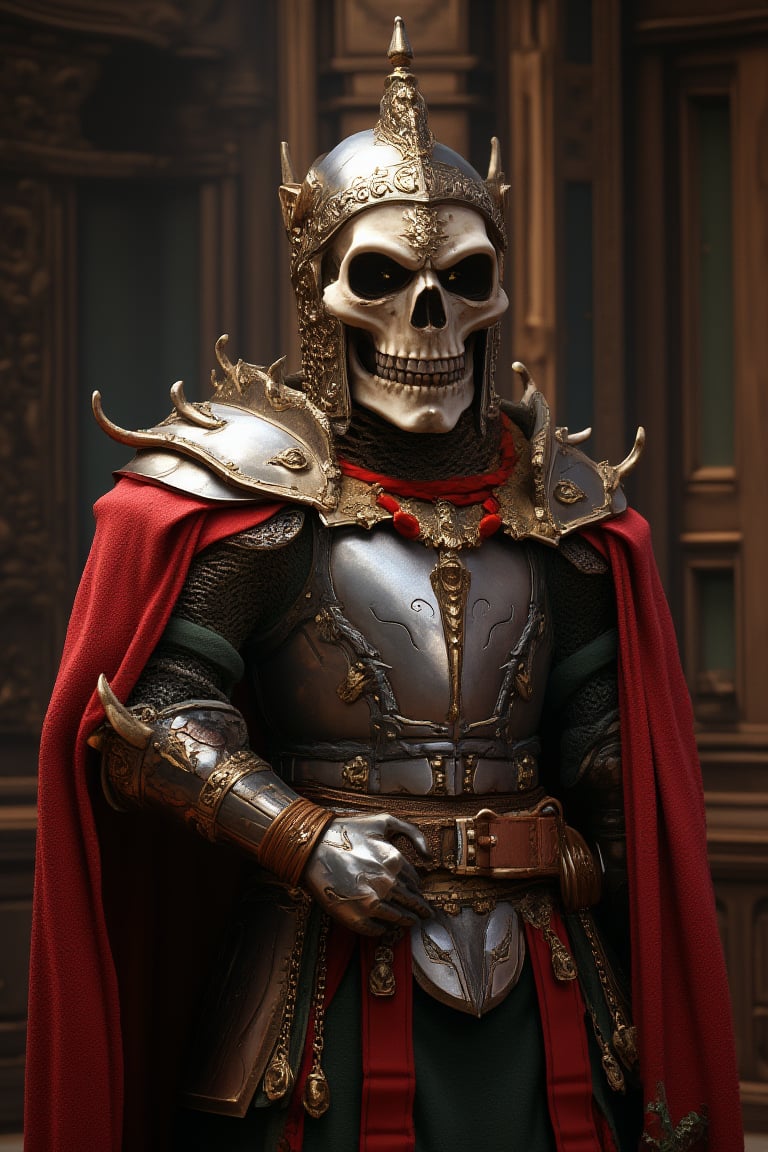 "A character with a skull head wearing shiny armor reminiscent of King Richard the Lionheart, complete with a red cloak and a golden crown. The skull's expression shows bravery, while the background depicts a royal atmosphere."