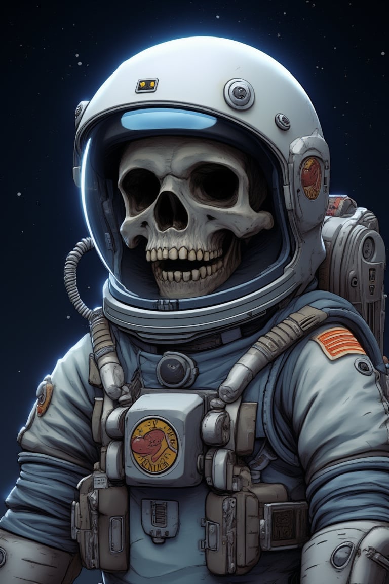 "A character with a skull head wearing a complete astronaut suit with a helmet and space logo. The skull's expression shows curiosity, with a background of outer space filled with stars."