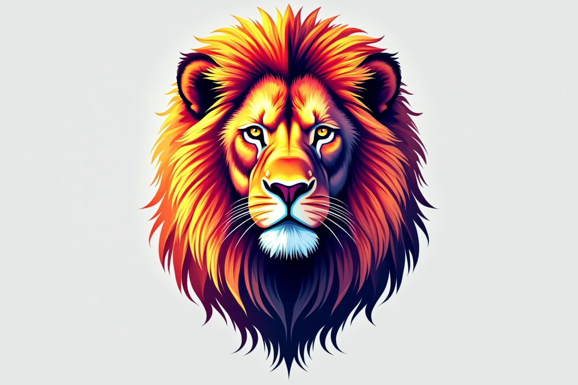 An artistic design featuring the head of a lion with bright, colorful fur, creating a lively and energetic impression. Each color in the design represents the elegance and strength of the lion, with sharp details and a captivating expression. The simple background highlights the beauty and uniqueness of this lion image