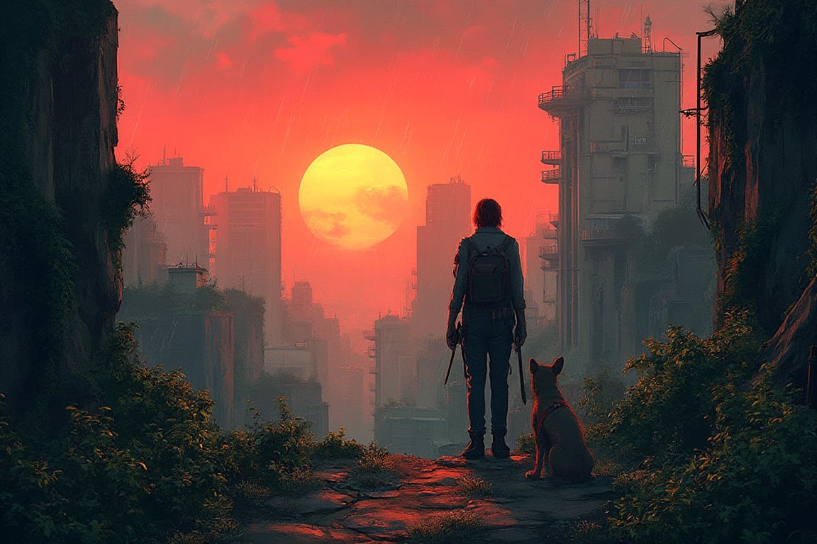 Urban landscape in an apocalyptic setting, overgrown with creeping plants reminiscent of The Last of Us game. A figure stands confidently, holding a weapon, accompanied by a dog. The scene is viewed from a cliff, capturing the stunning backdrop of a retro-style sun setting, with an 80s retro vibe and aesthetic. Ink brushstrokes in the background add depth, while rain gently falls, enhancing the atmosphere.