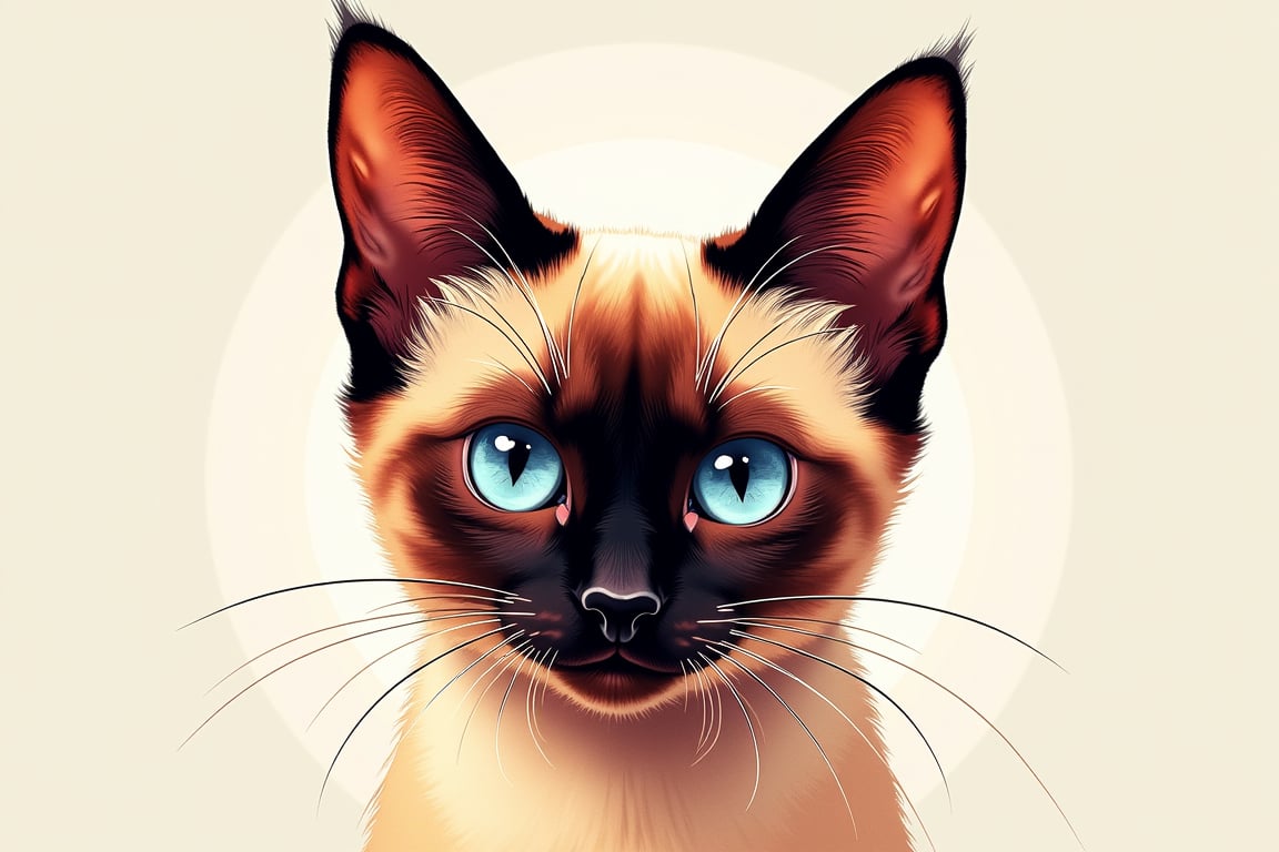 An artistic design featuring the head of a Siamese cat with sleek, glossy fur, embodying elegance and curiosity. The rich colors and sharp details of the cat's features, including its bright eyes and playful expression, create an enchanting impression. The simple background highlights the beauty and charm of this cat image