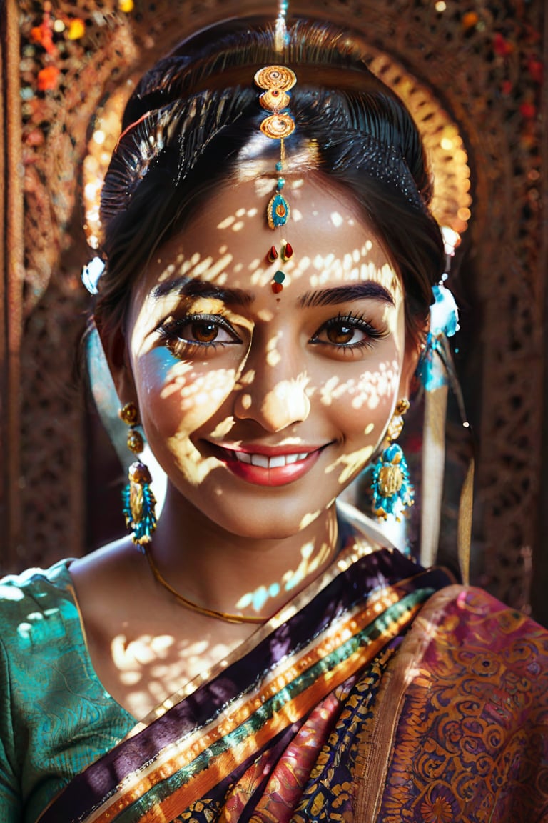 (best quality, 4k, 8k, highres, masterpiece:1.2), ultra-detailed, realistic, cute smile, beautiful detailed face, beautiful detailed hands, extremely detailed eyes, long eyelashes, photorealistic lighting, traditional Indian clothing, Indian model, Indian facial features, clear and detailed face, dark hair, brown eyes, warm skin tone, realistic Indian attire, vibrant colors, intricate patterns, realistic textures, casual pose, instagram influencer, instagram-style photography
