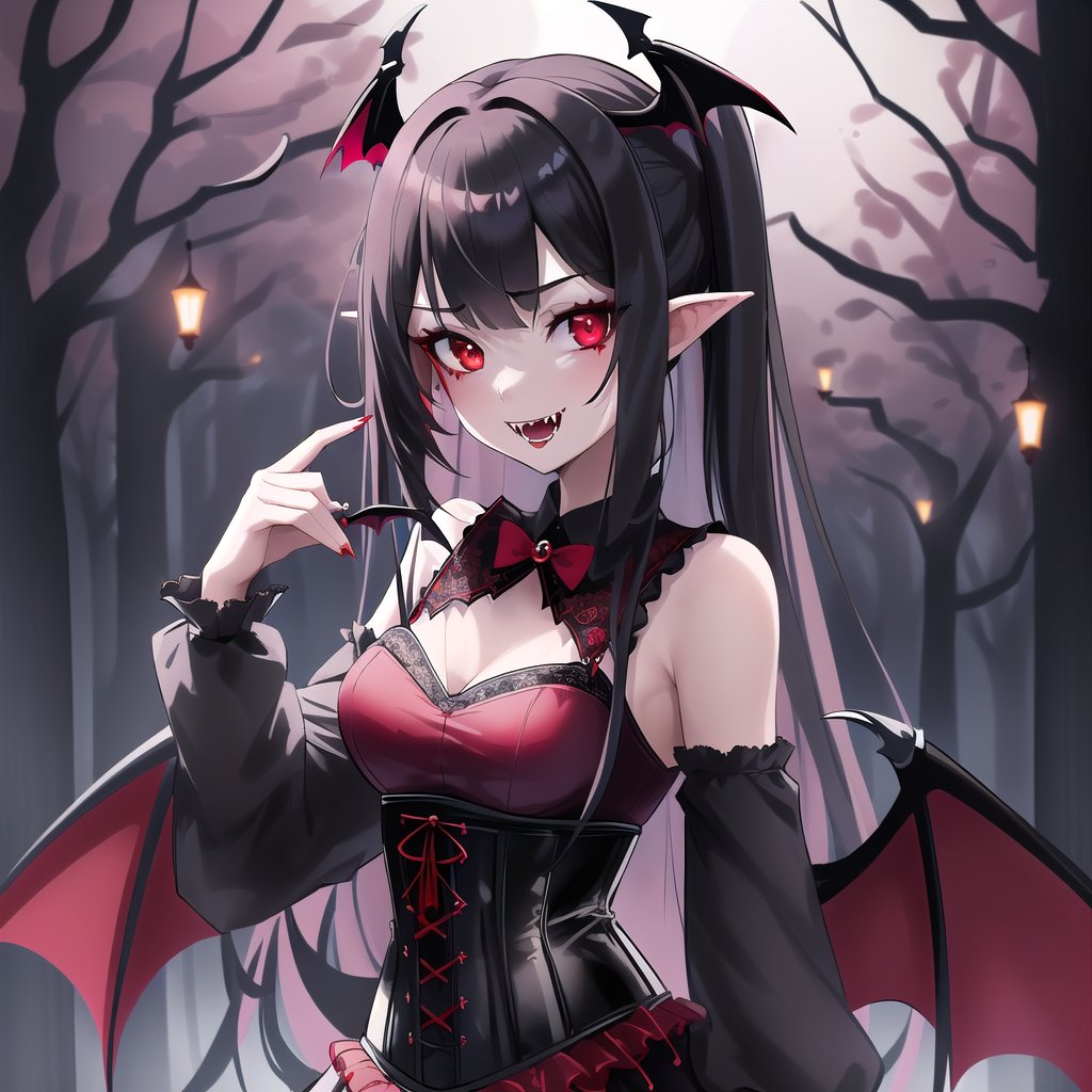 masterpiece, best quality, 1girl, solo, (black gothic dress, red accents, lace trim, corset, bat-shaped brooch), upper body, loli, (((fair skin))), black hair, red eyes, long hair, wavy hair, standing, (vampire fangs), (bat wings), (spiked collar), (moonlight, dark forest), looking at viewer,