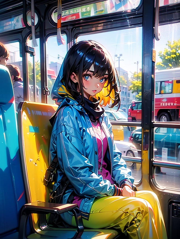 cute girl sitting on a bus, natural lighting from window, 35mm lens, soft and subtle lighting, girl centered in frame, shoot from eye level, incorporate cool and calming colors