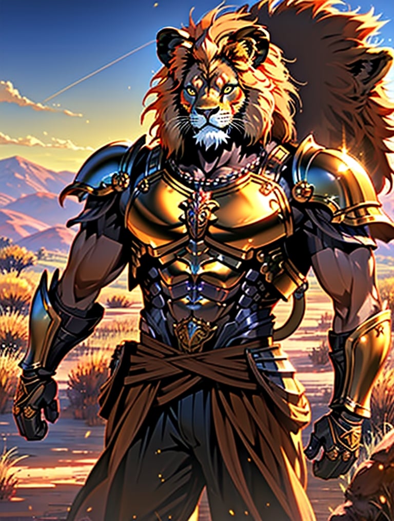 Natural Light, HDR, (Best Quality, highly detailed, Masterpiece), (((perfect anatomy))), (beautiful and detailed eyes), (realistic detailed skin texture), (detailed hair), (Fantasy aesthetic style), (realistic light and shadow), (real and delicate background), Create an image of a humanoid lion, adorned in armor, standing in the savannah. The lion-man's muscular physique should be highlighted, with intricate details on the armor. the dynamic movement, the natural beauty of the savannah landscape, outdoors, the brightly light environment,horror (theme)