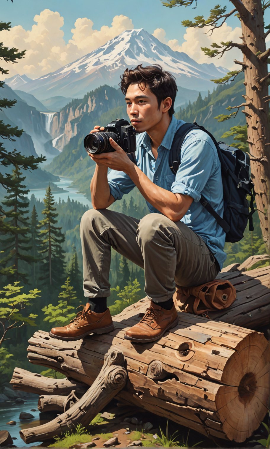 painting of a man sitting on a log with a camera, animal, inspired by Rudy Siswanto, high quality portrait, digital painting highly detailed, realism artstyle, cyril rolando and goro fujita, by Rudy Siswanto, realism art, enviromental portrait, (looking at viewer), traditional art, background mountain, inspired by Jeremy Chong, inspired by Jason Chan