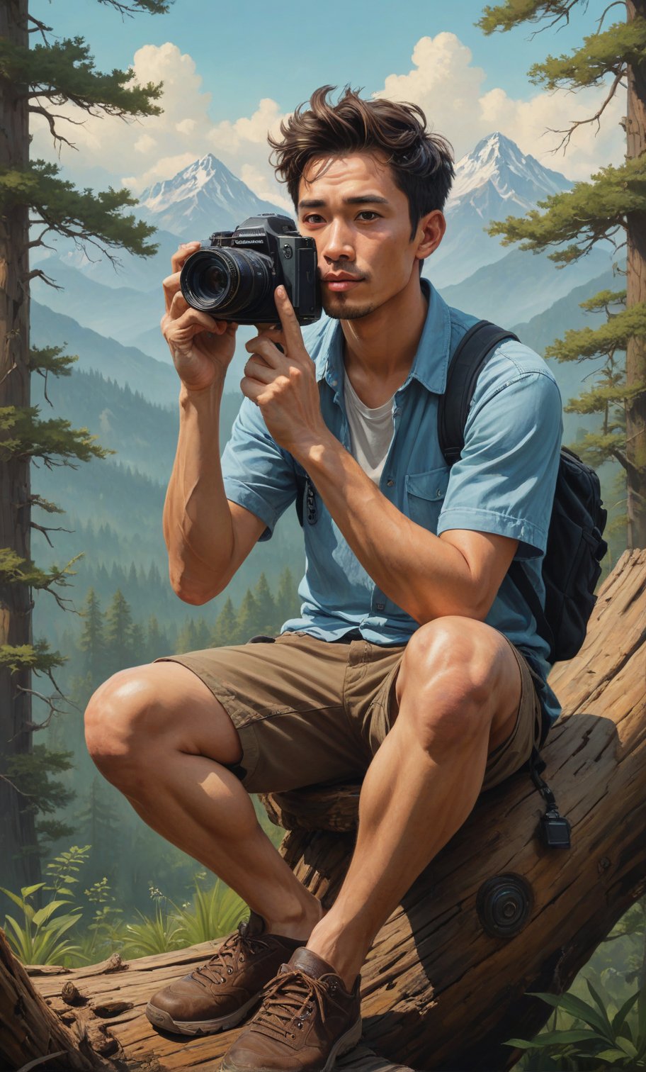 painting of a man sitting on a log with a camera, animal, inspired by Rudy Siswanto, high quality portrait, digital painting highly detailed, realism artstyle, cyril rolando and goro fujita, by Rudy Siswanto, realism art, enviromental portrait, (looking at viewer), traditional art, background mountain, inspired by Jeremy Chong, inspired by Jason Chan